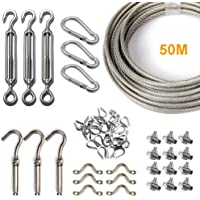 Kit de Colgador de Cuerda de Acero Inoxidable- Cadena para Exteriores- Kit de Suspensión de Cuerda- 50m con Tensor y…
